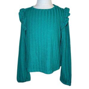 NEW Evsie Long Sleeve Ribbed Ruffled Shoulder Peplum Top Shirt Blouse Solid XS